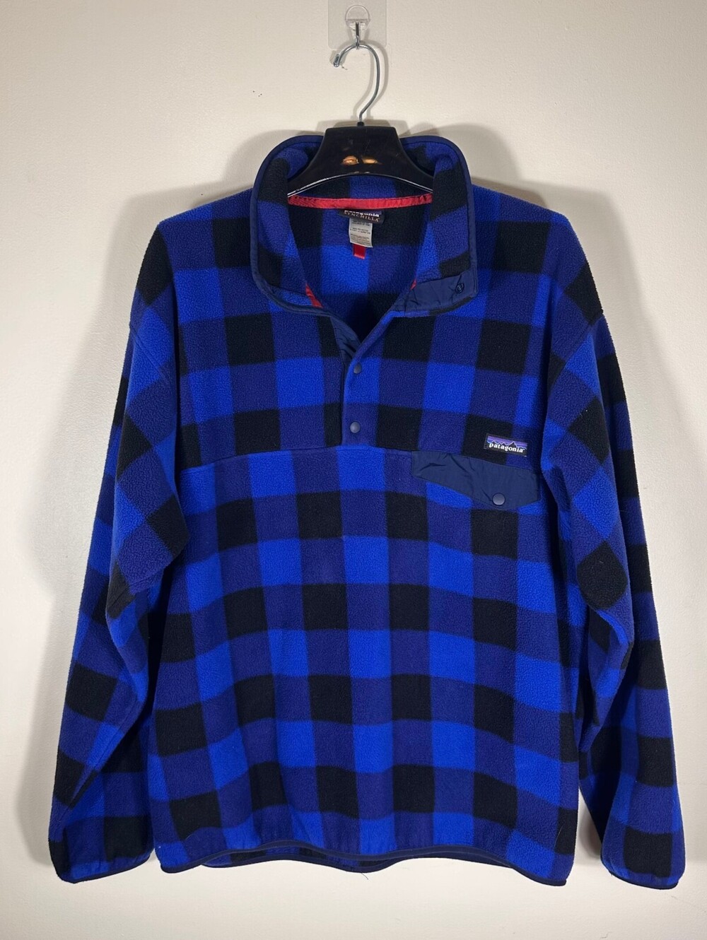 Vintage Patagonia Synchilla Snap T Blue Buffalo Plaid Fleece Pullover Sz XL